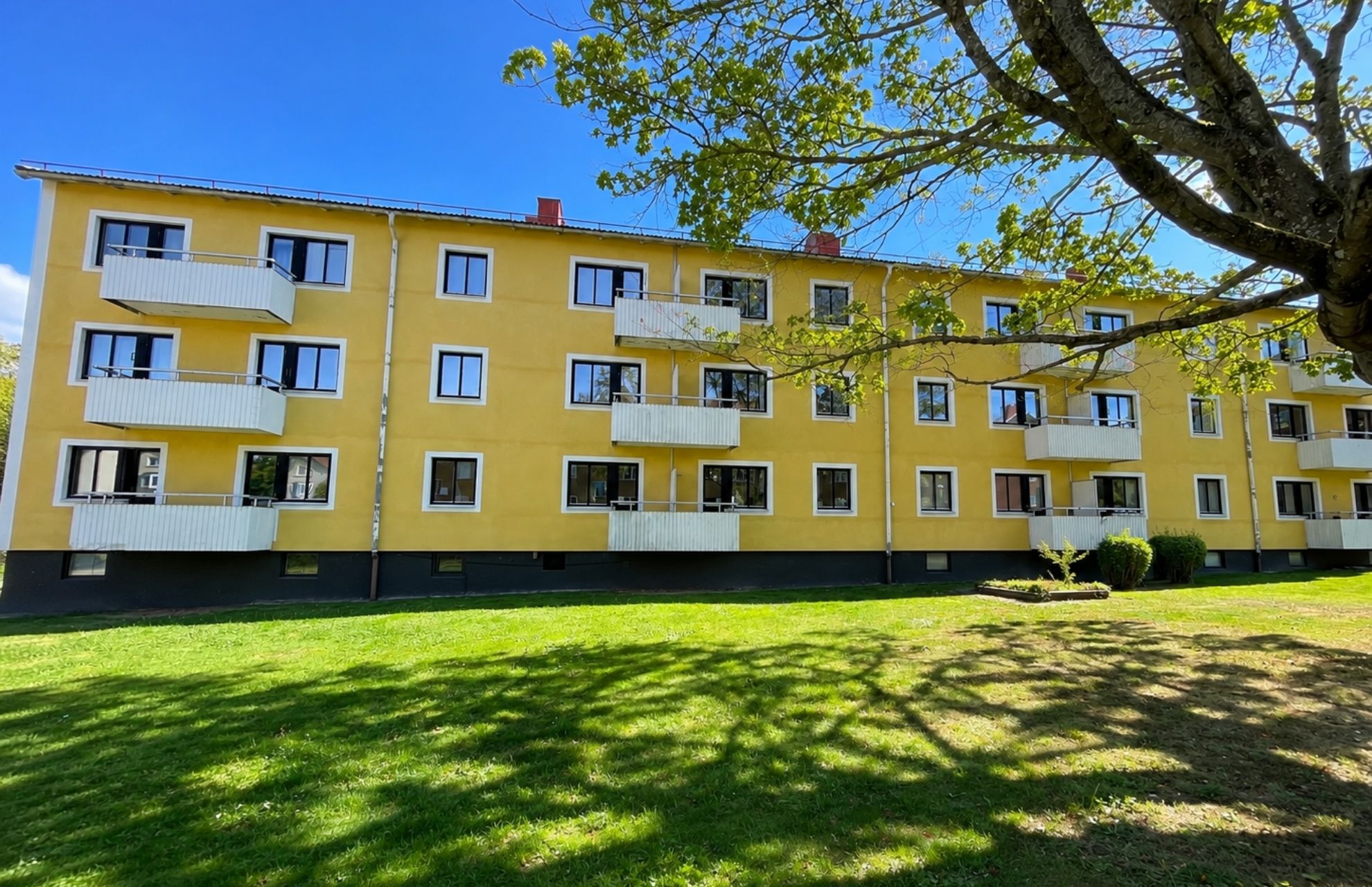 Flerfamiljshus i ett lugnt bostadsområde med gröna träd 