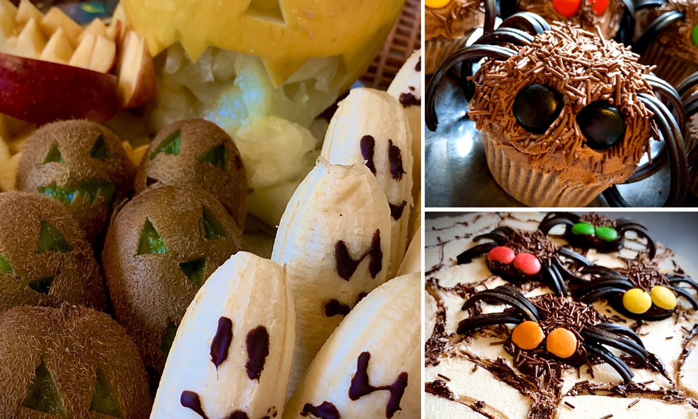 Halloween-inspirerade godsaker med dekorerade kiwifrukter och bananer som ser ut som spöken, samt cupcakes och kakor formade som spindlar med godis och chokladströssel